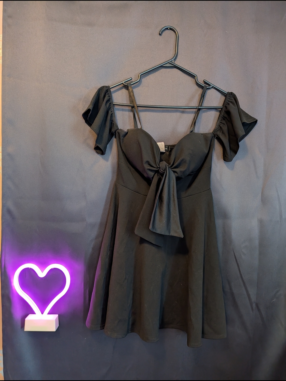 Black Off-Shoulder Tie-Front A-Line Dress Padded Cups Adjustable Straps Feminine